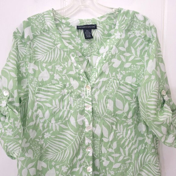 Preswick & Moore Womens Green & White Floral Button-Up Blouse XL Roll-Up Sleeves - Picture 4 of 4